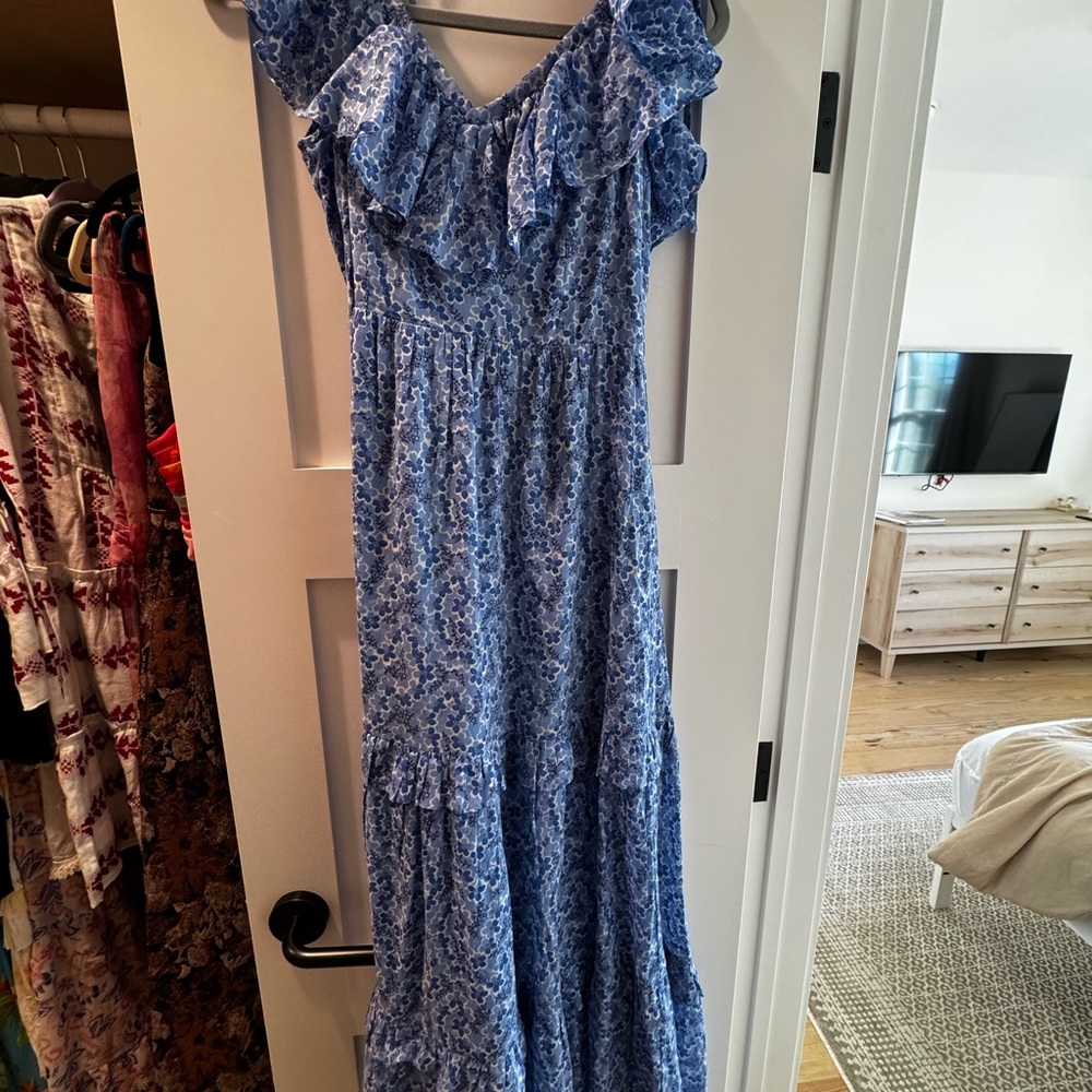 Banjanan Blue and White Ruffled Off-Shoulder Maxi Dress